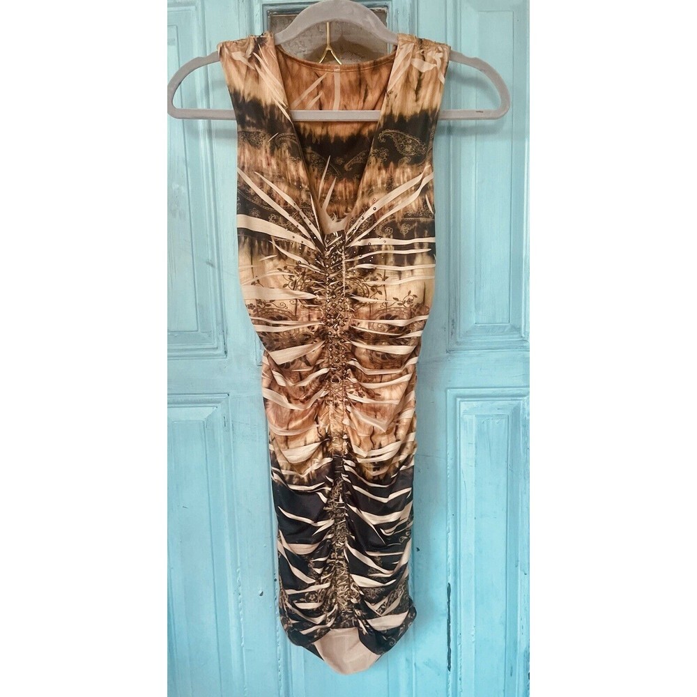 Ladies Bronze Boho Animal Print Sleeveless Beaded Body Con Dress Size Medium